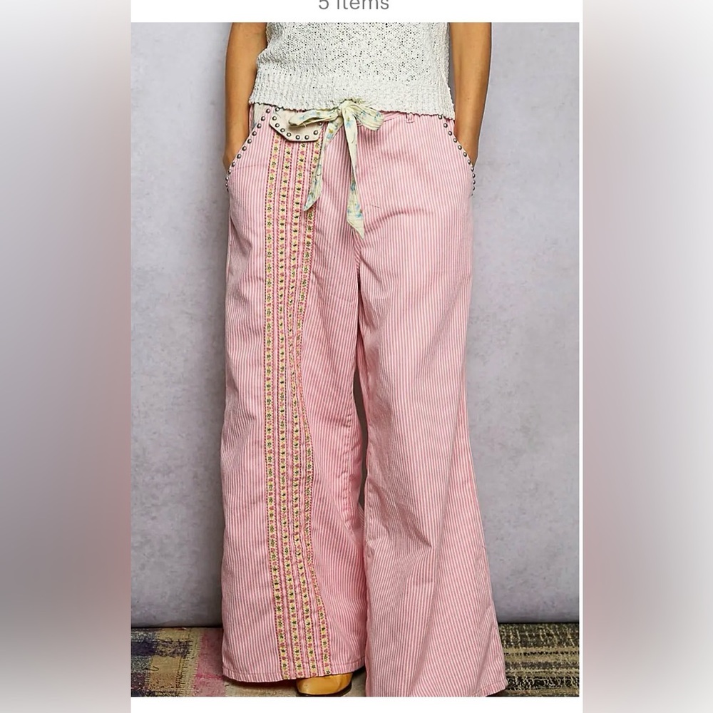 NEW Pol Double Gauze Lace Floral Trim Buckle Back Pants Drawstring Pink Stripe - Picture 6 of 12